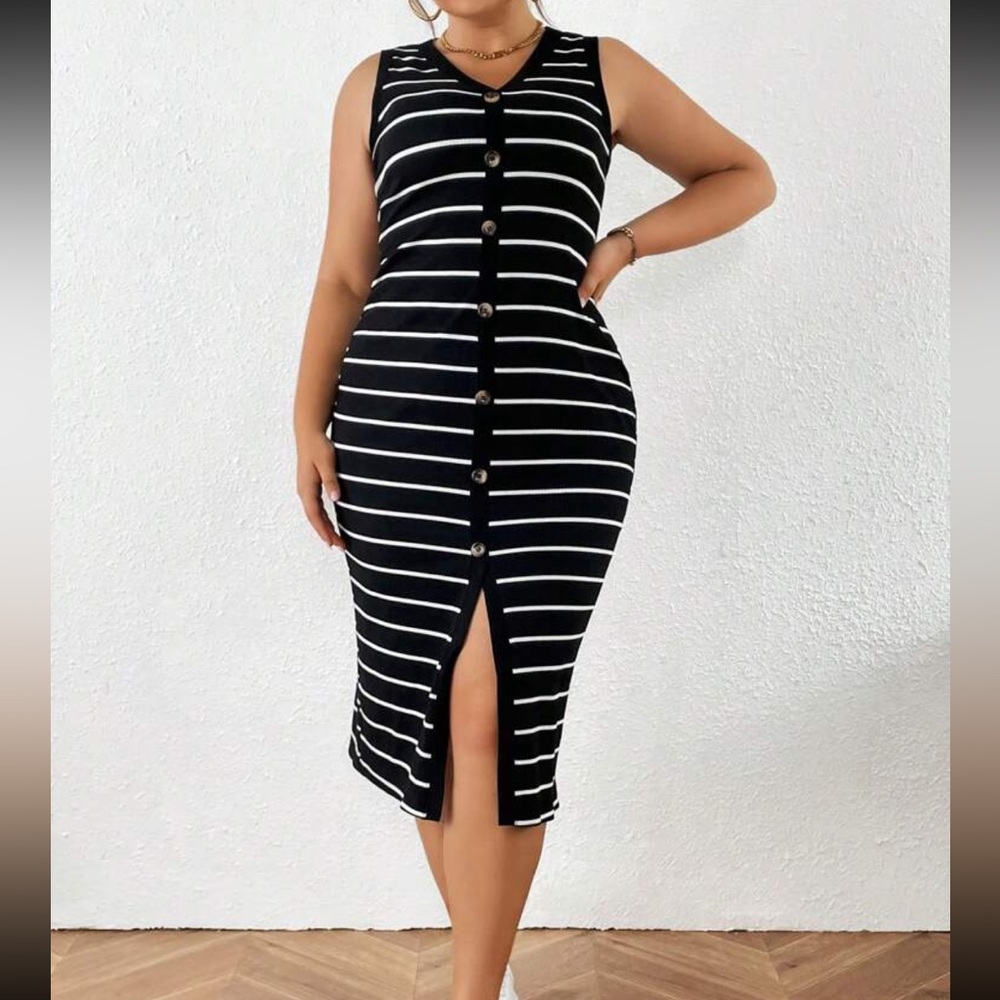 Classic Plus Size Striped Front Button Down Sleeveless Dress White - Picture 4 of 5